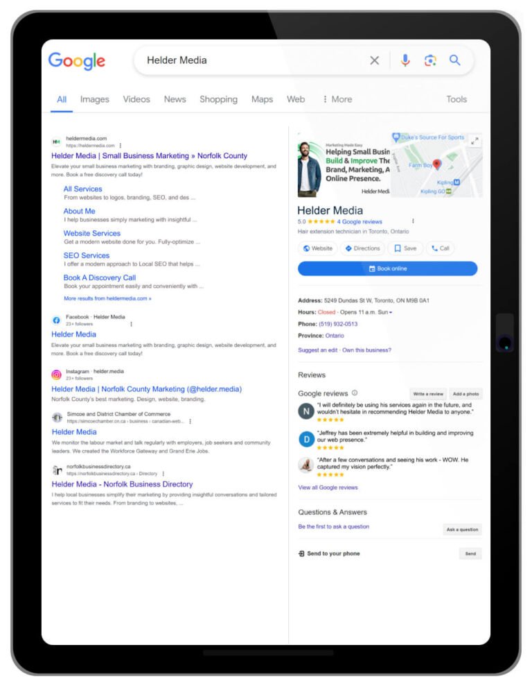 A tablet showcase SEO results for Helder Media