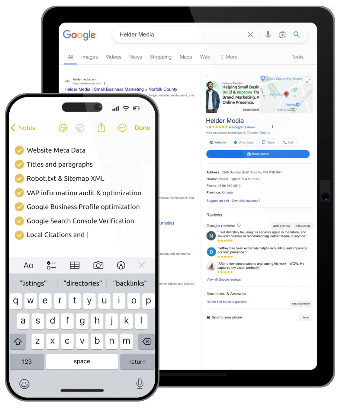 Phone and tablet showing SEO checklist and results for Helder Media