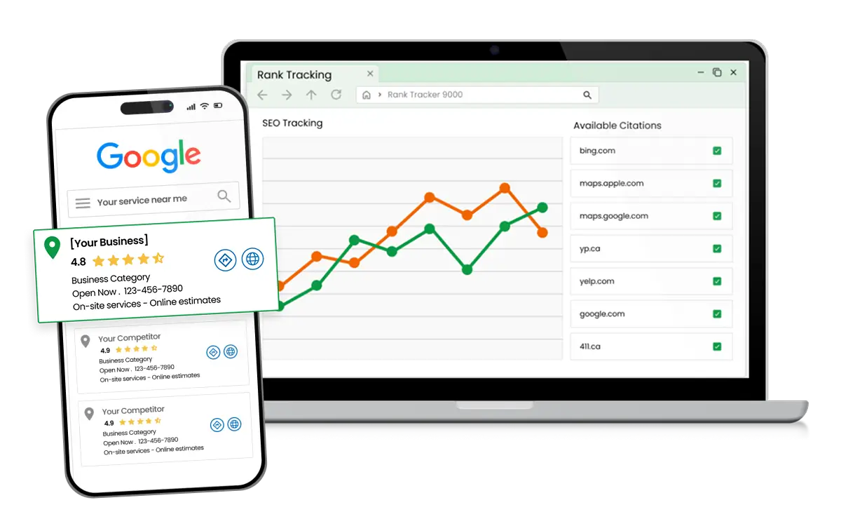 Off page seo efforts, line chart showing improvements, Google listing showing on top, and a list of local citations.